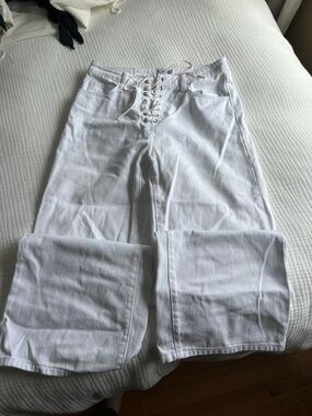 White Lace-Up Wide-Leg Women’s Jeans